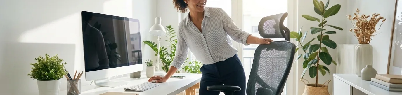 Professional d’oficina ajustant la cadira ergonòmica davant de l’ordinador